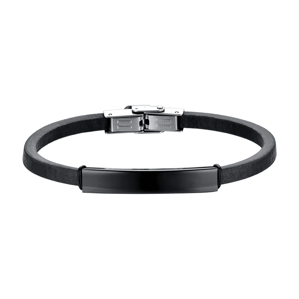 BRACCIALE UOMO IN CUOIO CON PIASTRA IN ACCIAIO IP NERO