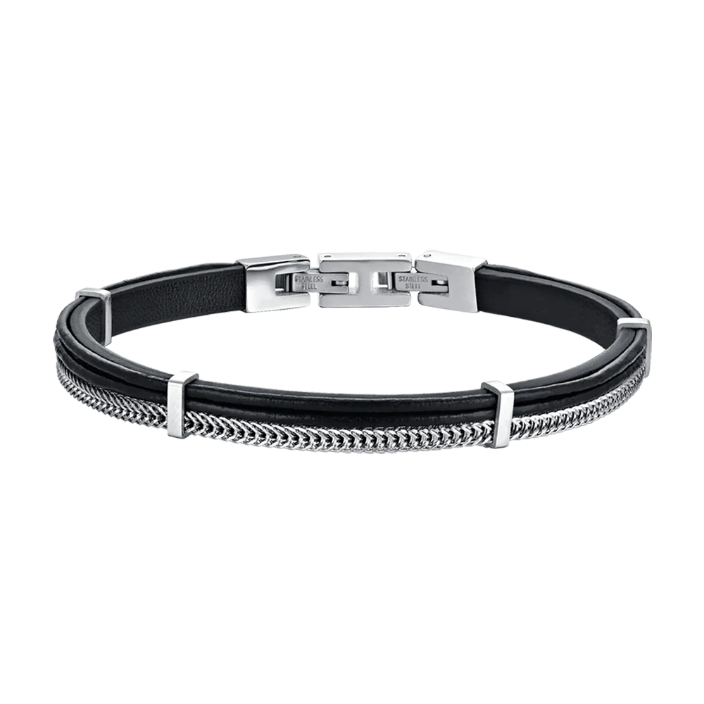 BRACCIALE UOMO IN CUOIO NERO CON ELEMENTI IN ACCIAIO