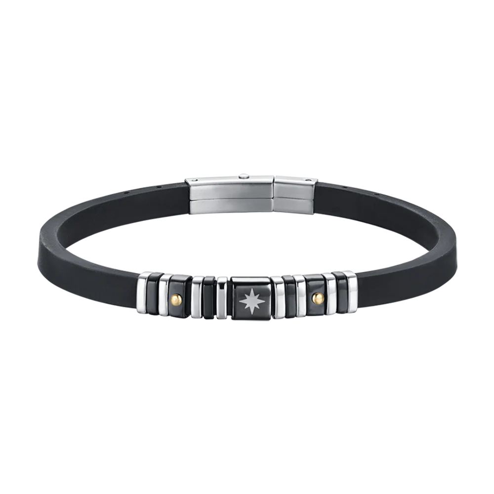 BRACCIALE UOMO SILICONE NERO CON ELEMENTI IN ACCIAIO E IP NERO E ROSA DEI VENTI