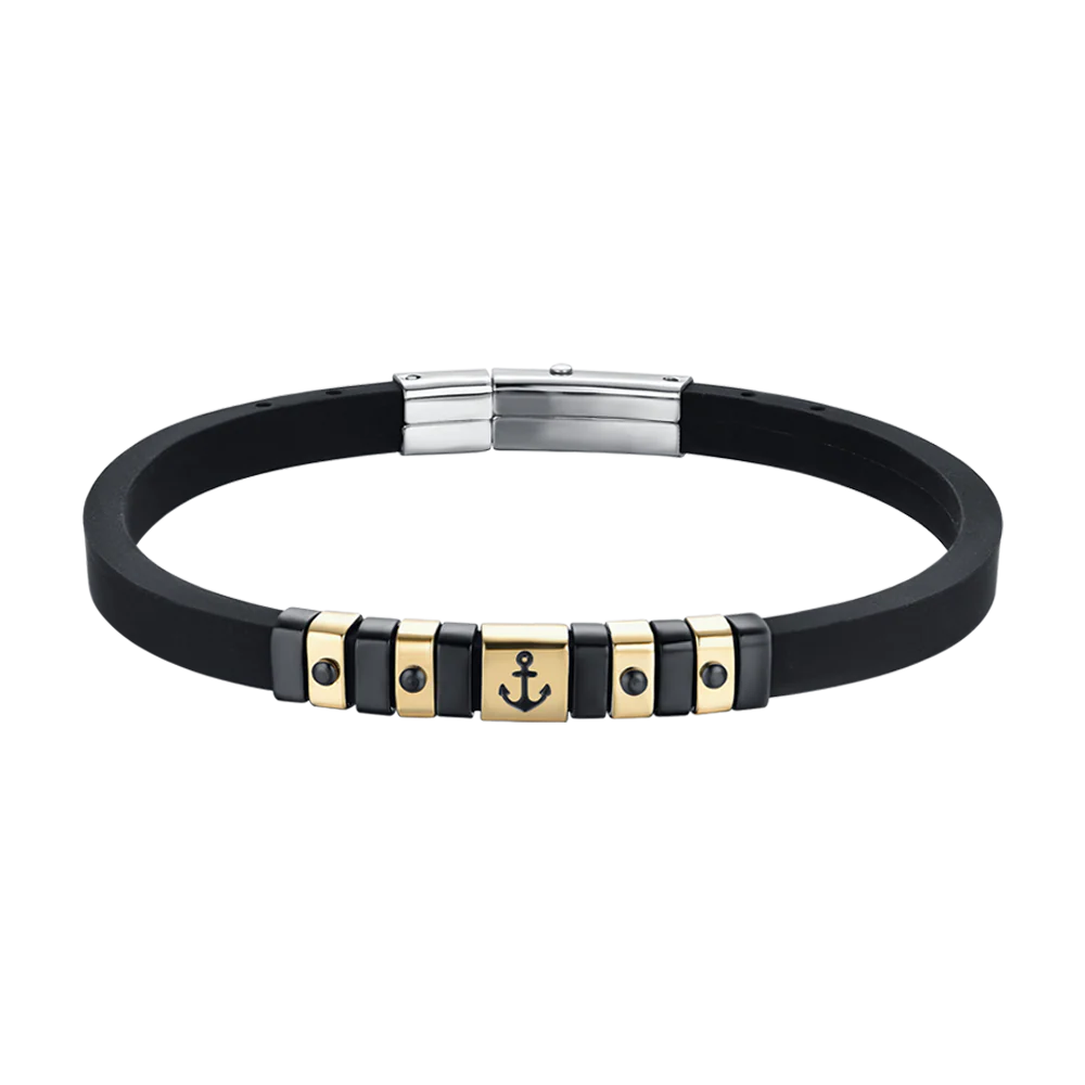 BRACCIALE UOMO SILICONE NERO CON ELEMENTI IN ACCIAIO IP GOLD E NERO CON ANCORA