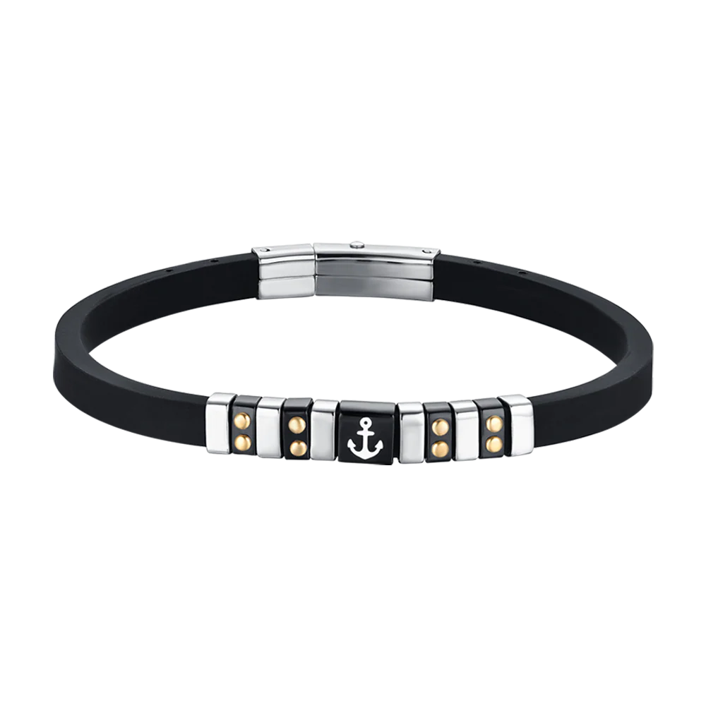 BRACCIALE UOMO SILICONE NERO CON ELEMENTI IN ACCIAIO, IP NERO E GOLD CON ANCORA