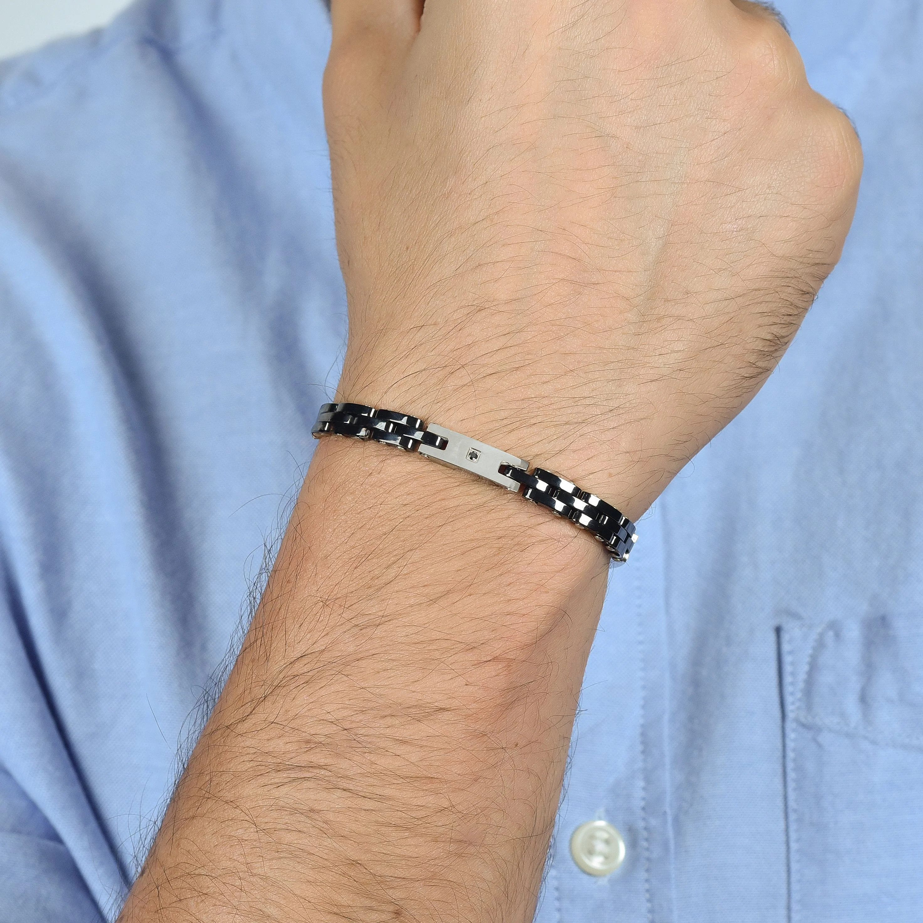 BRACCIALE UOMOIN ACCIAIO CON CERAMICA NERA E CRISTALLO NERO - Image 2