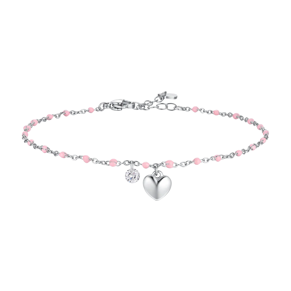 CAVIGLIERA DONNA IN ACCIAIO CON CUORE, CRISTALLO E PIETRE CON SMALTO ROSA