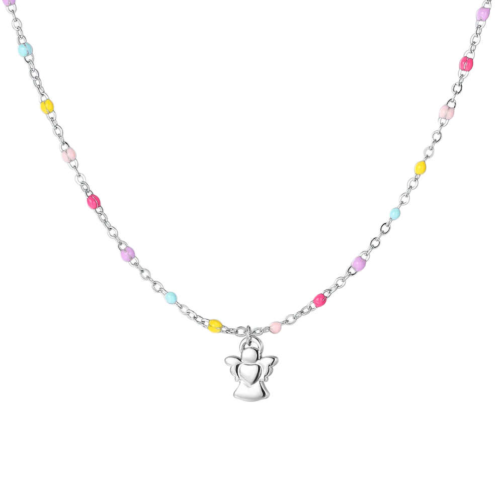 COLLANA BAMBINA IN ACCIAIO CON ANGELO ED ELEMENTI MULTICOLOR