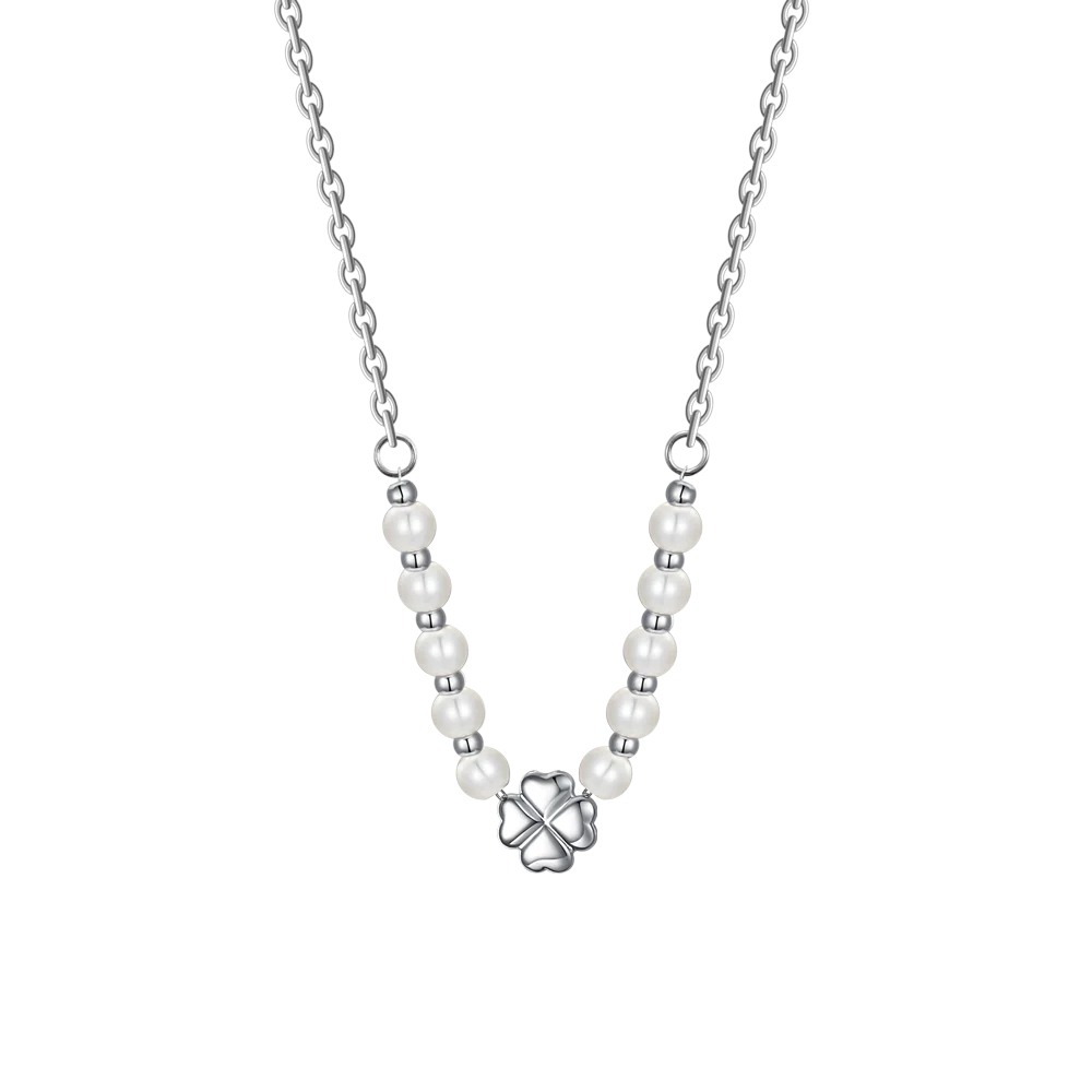 COLLANA DONNA CON QUADRIFOGLIO IN ACCIAIO E PERLE BIANCHE