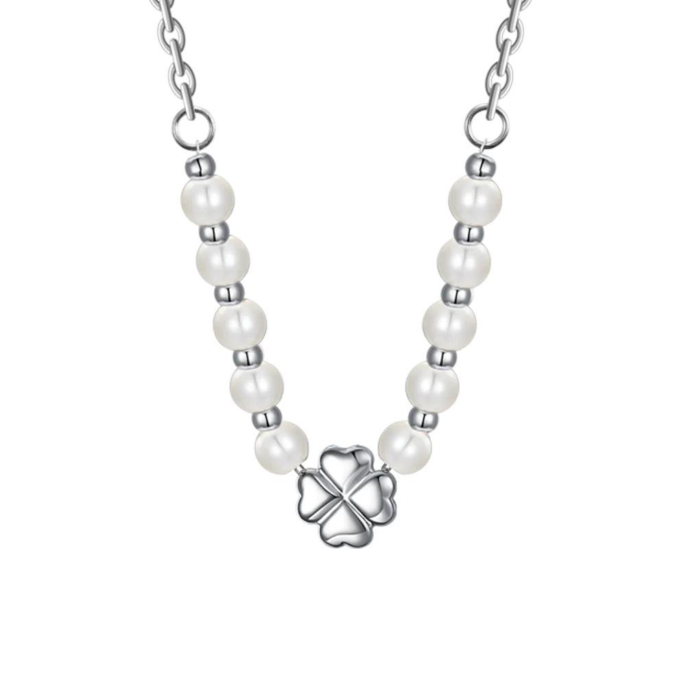 COLLANA DONNA CON QUADRIFOGLIO IN ACCIAIO E PERLE BIANCHE - Image 4