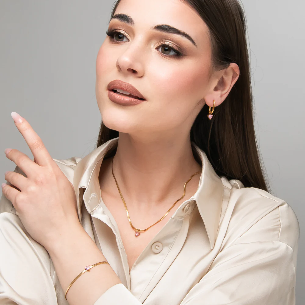 COLLANA DONNA IN ACCIAIO COLORE ORO CON ZIRCONE ROSA - Image 4