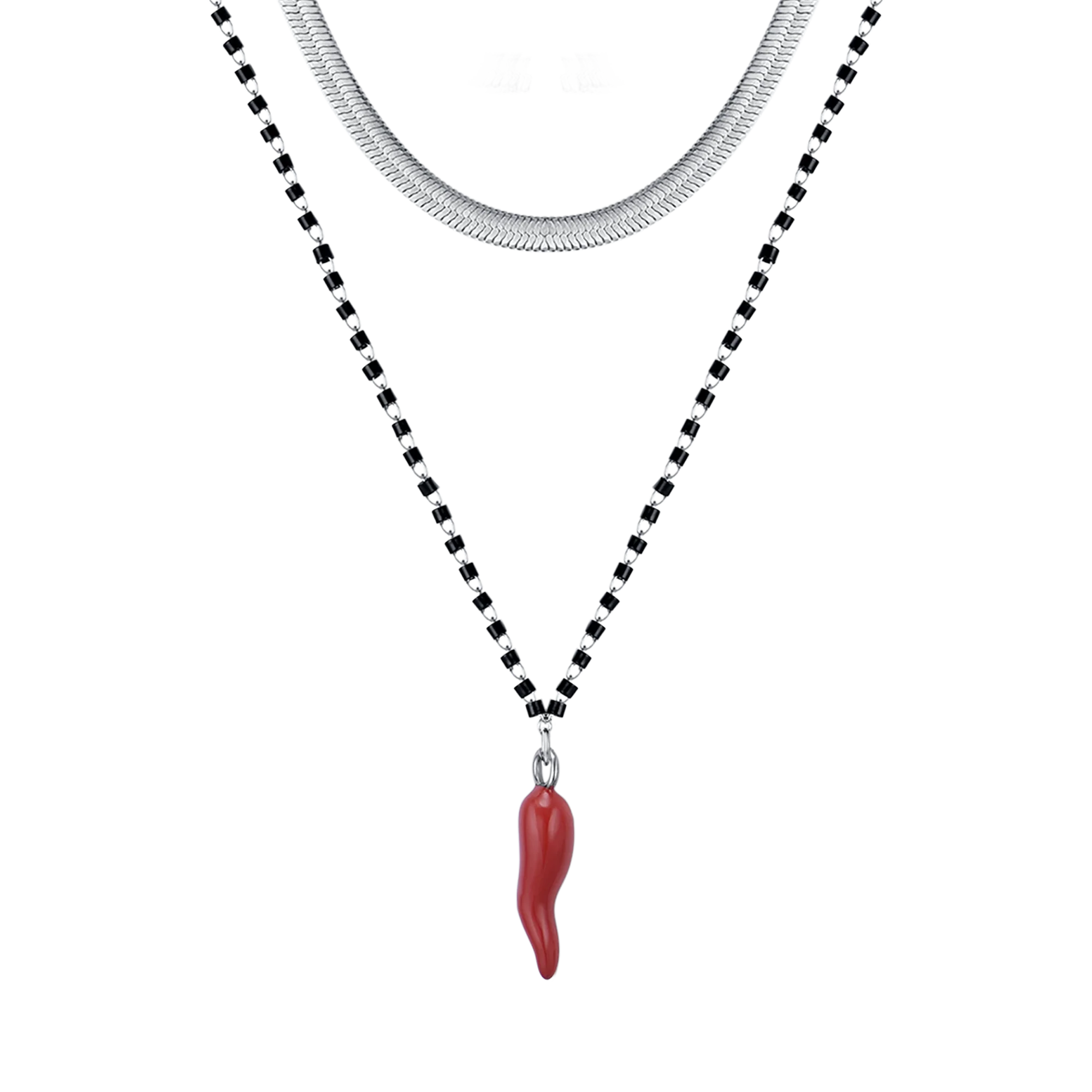 COLLANA DONNA IN ACCIAIO CON CORNO CON SMALTO ROSSO ED ELEMENTI NERI - Image 4