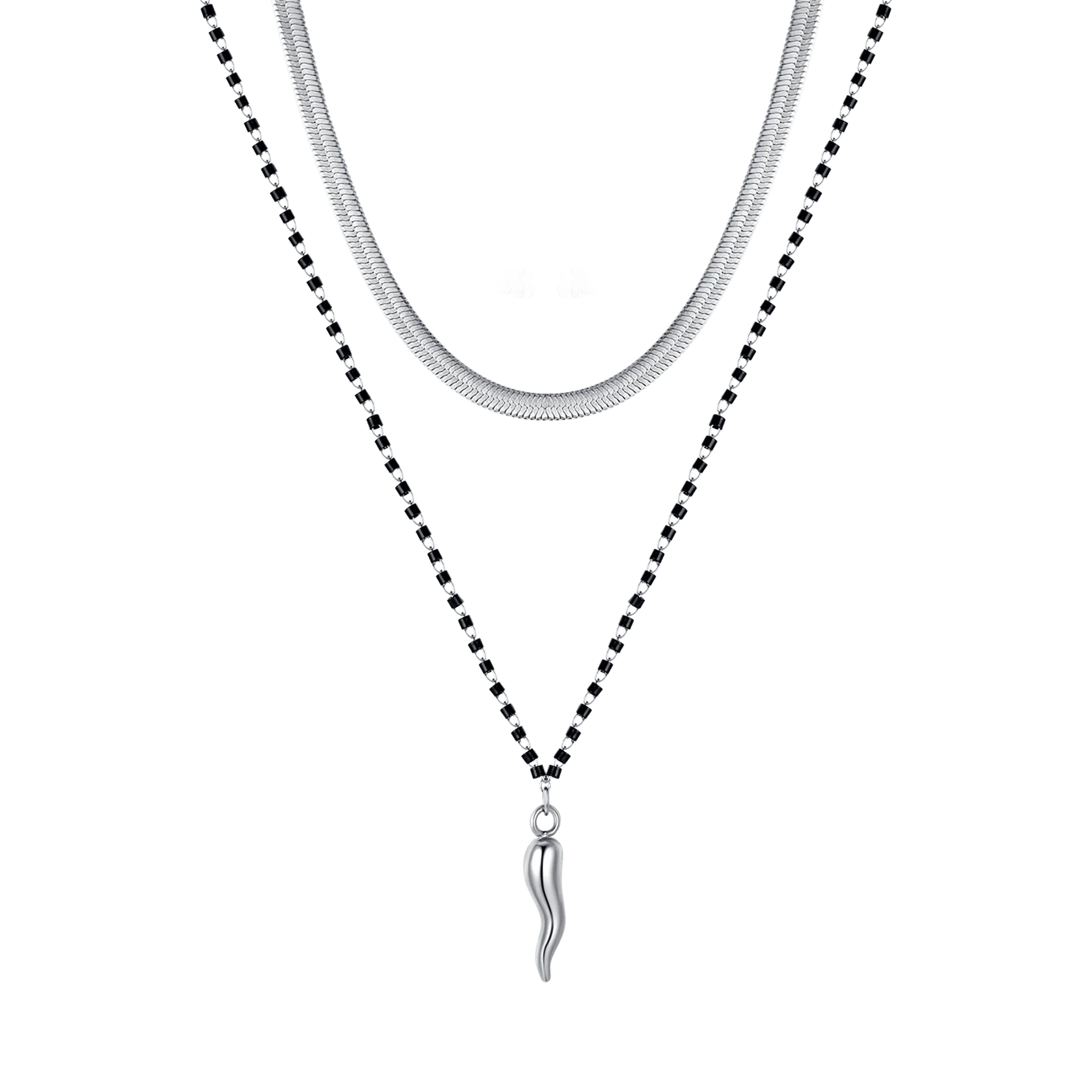 COLLANA DONNA IN ACCIAIO CON CORNO ED ELEMENTI NERI