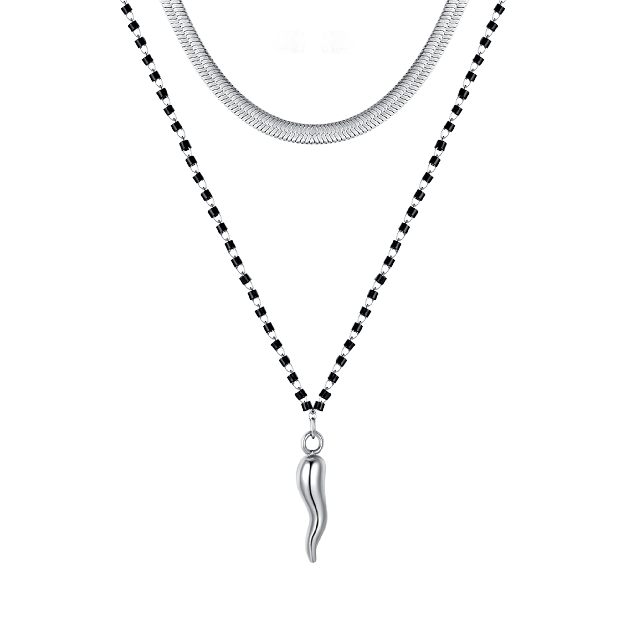 COLLANA DONNA IN ACCIAIO CON CORNO ED ELEMENTI NERI - Image 4