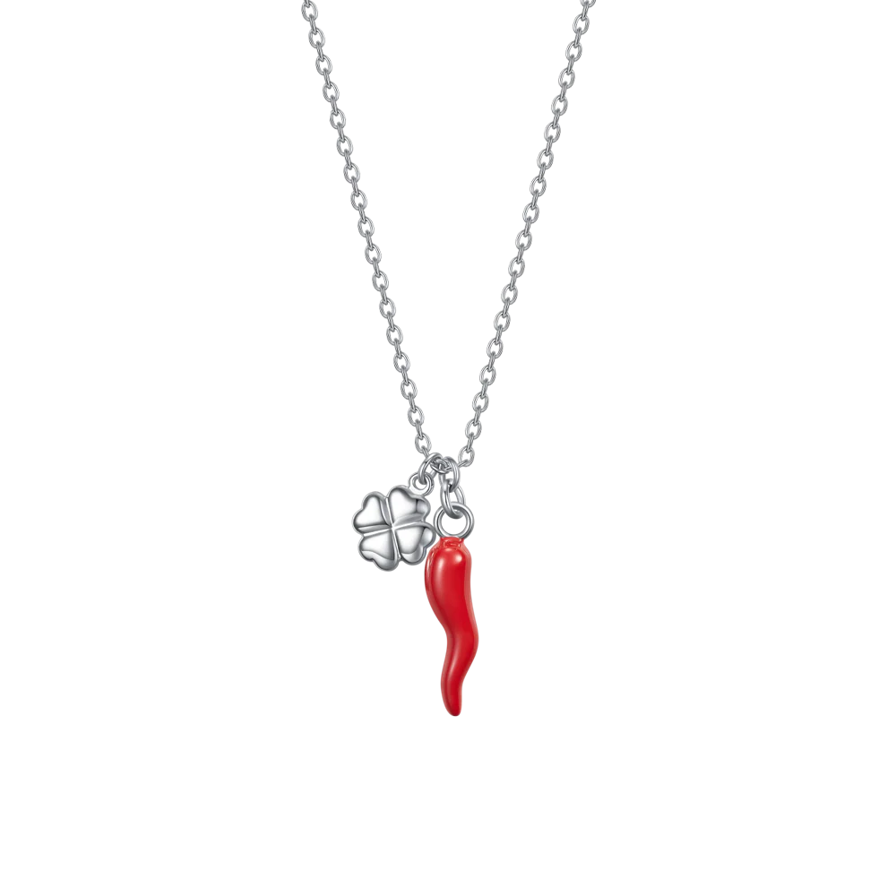 COLLANA DONNA IN ACCIAIO CON CORNO ROSSO E QUADRIFOGLIO