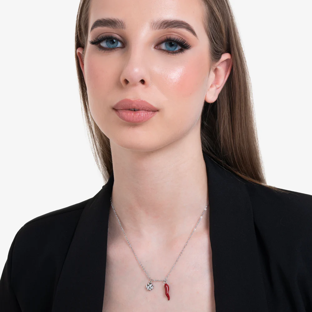 COLLANA DONNA IN ACCIAIO CON CORNO ROSSO E QUADRIFOGLIO - Image 3