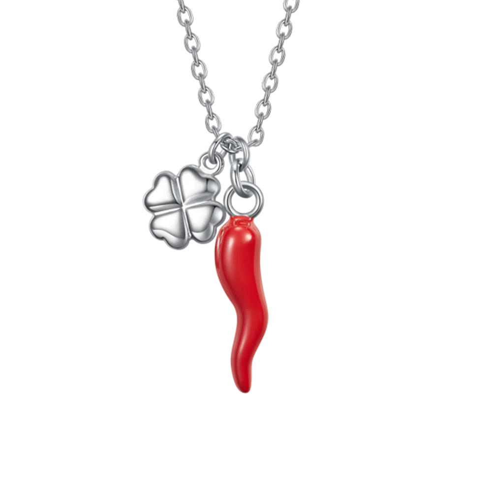 COLLANA DONNA IN ACCIAIO CON CORNO ROSSO E QUADRIFOGLIO - Image 4