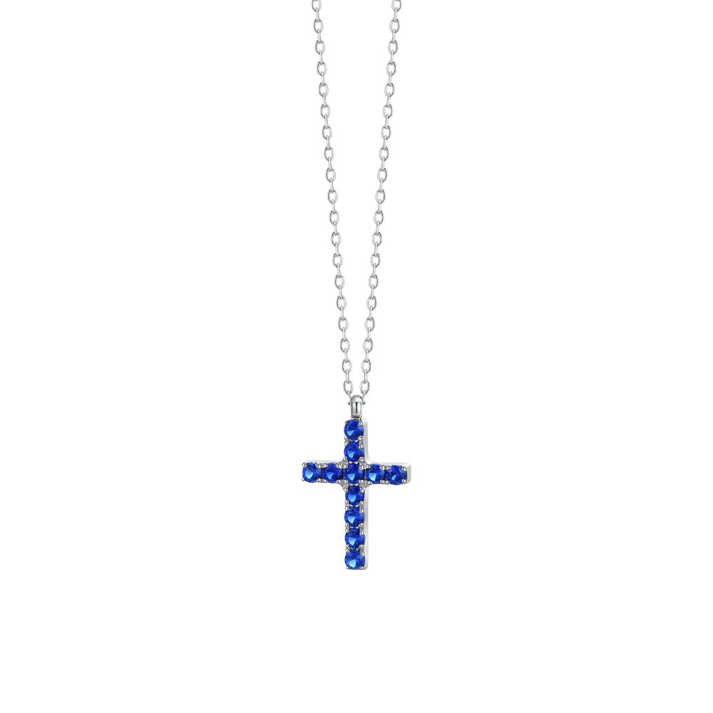 COLLANA DONNA IN ACCIAIO CON CROCE E ZIRCONI BLU