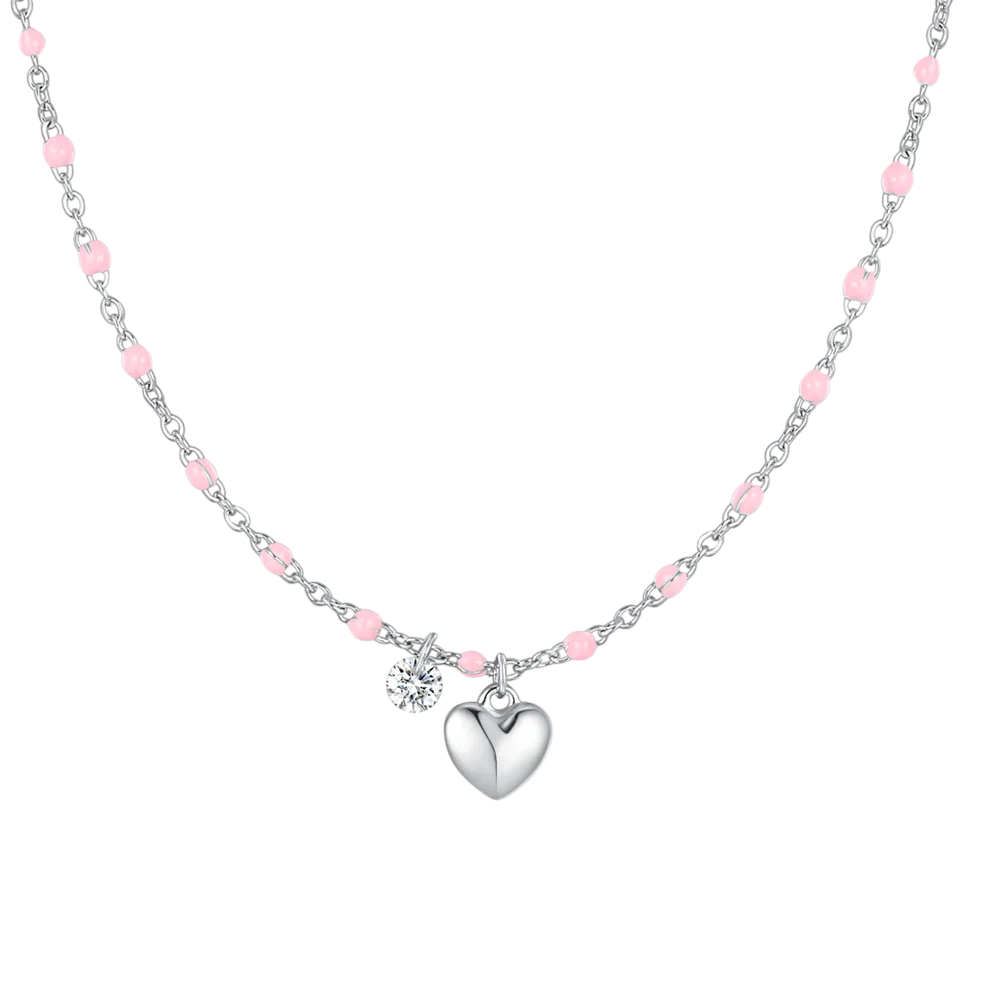 COLLANA DONNA IN ACCIAIO CON CUORE, CRISTALLO E PIETRE CON SMALTO ROSA