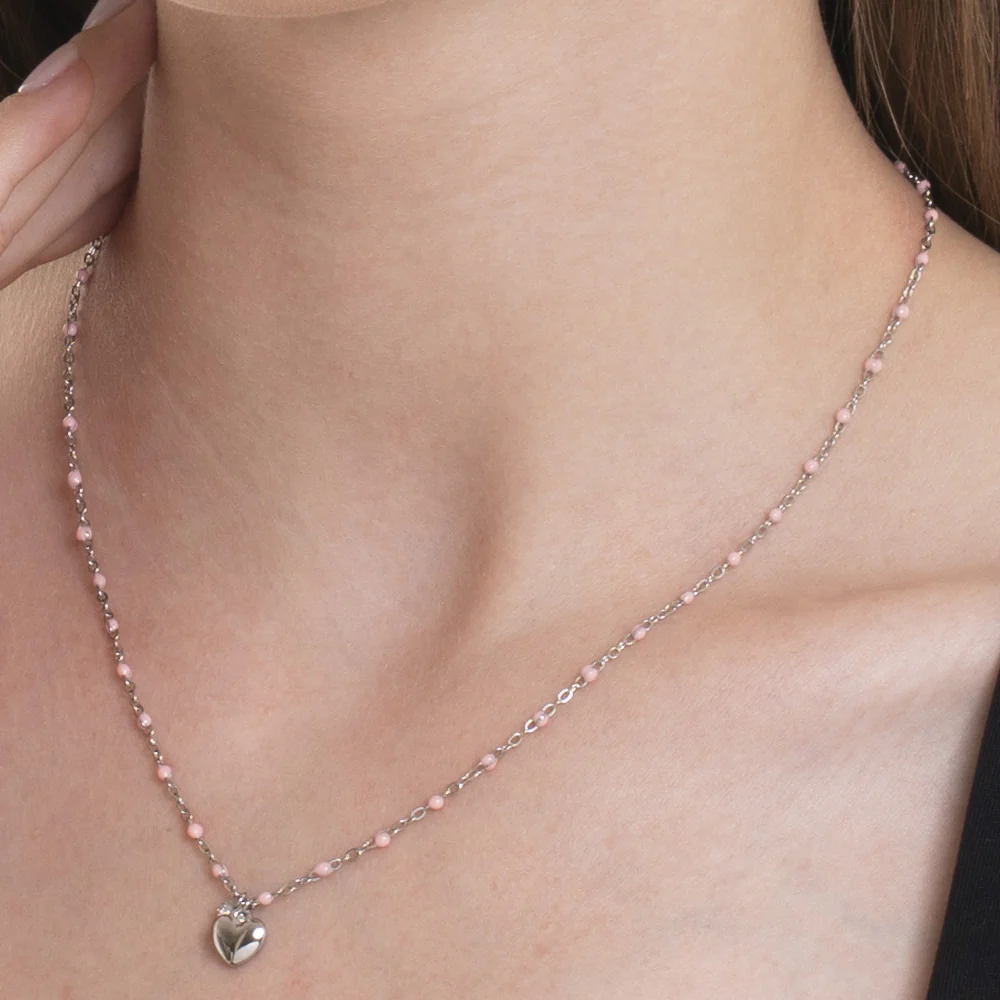 COLLANA DONNA IN ACCIAIO CON CUORE, CRISTALLO E PIETRE CON SMALTO ROSA - Image 2