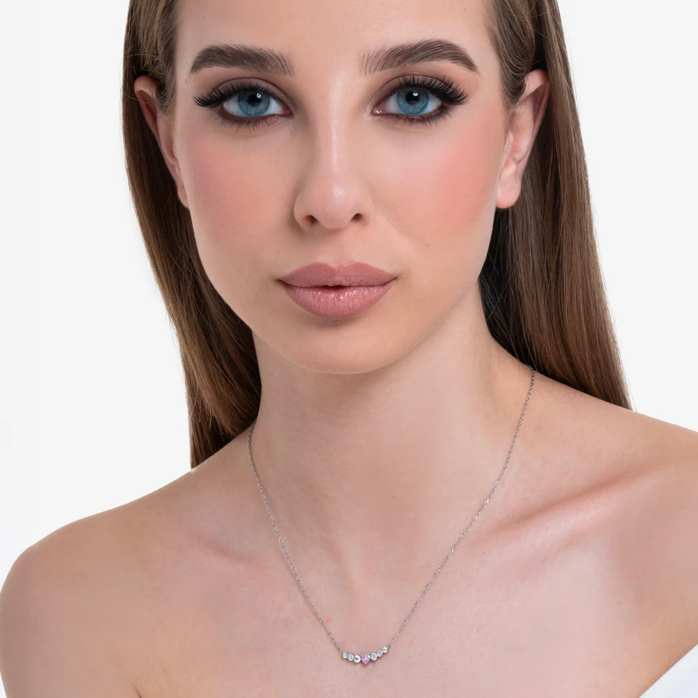 COLLANA DONNA IN ACCIAIO CON CUORE ROSA E CRISTALLI BIANCHI - Image 3