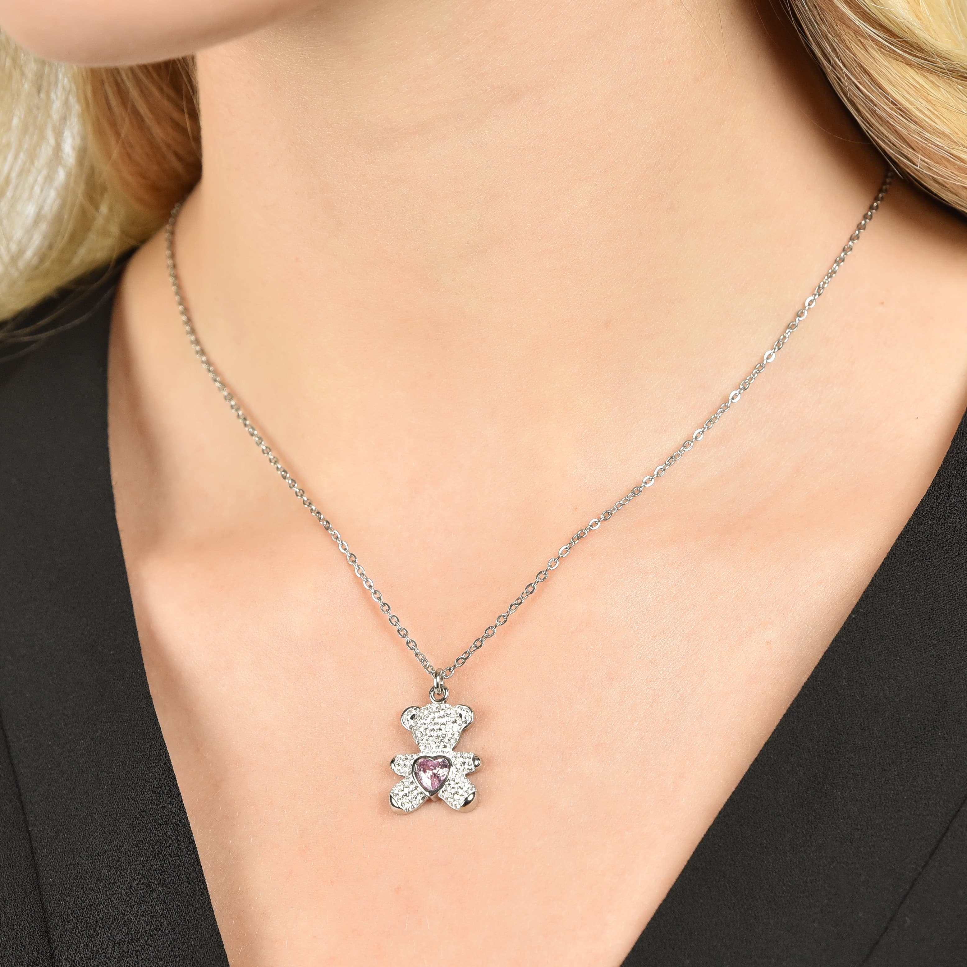 COLLANA DONNA IN ACCIAIO CON ORSETTO CON CRISTALLI ROSA E BIANCHI - Image 2
