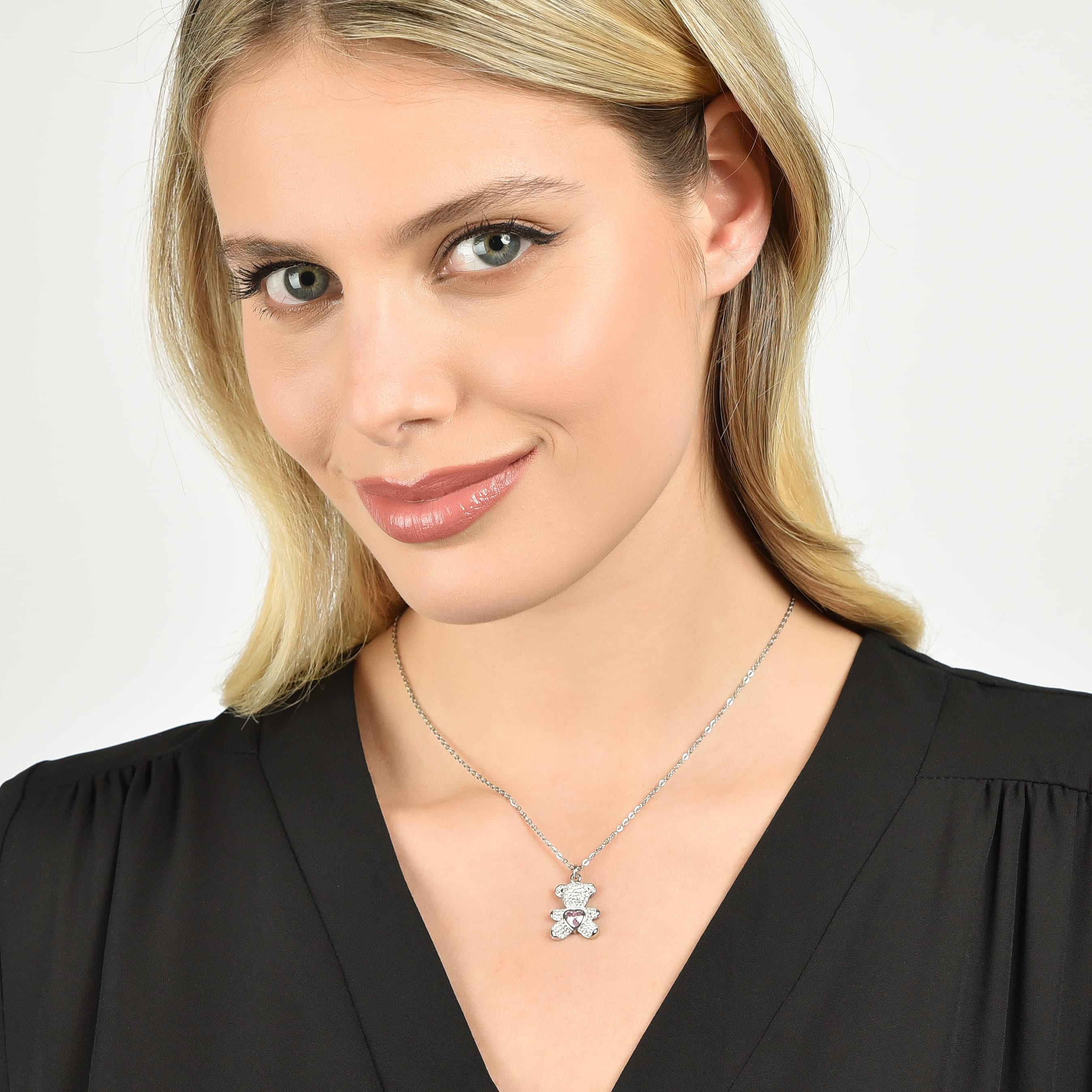 COLLANA DONNA IN ACCIAIO CON ORSETTO CON CRISTALLI ROSA E BIANCHI - Image 3