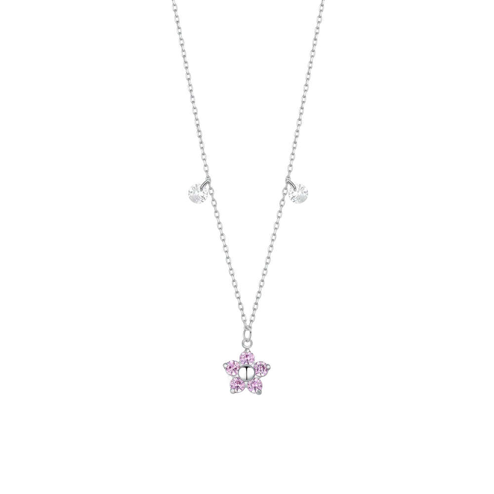 COLLANA DONNA IN ACCIAIO CON PENDENTE FIORE CON E PETALI ZIRCONE MAGENTA