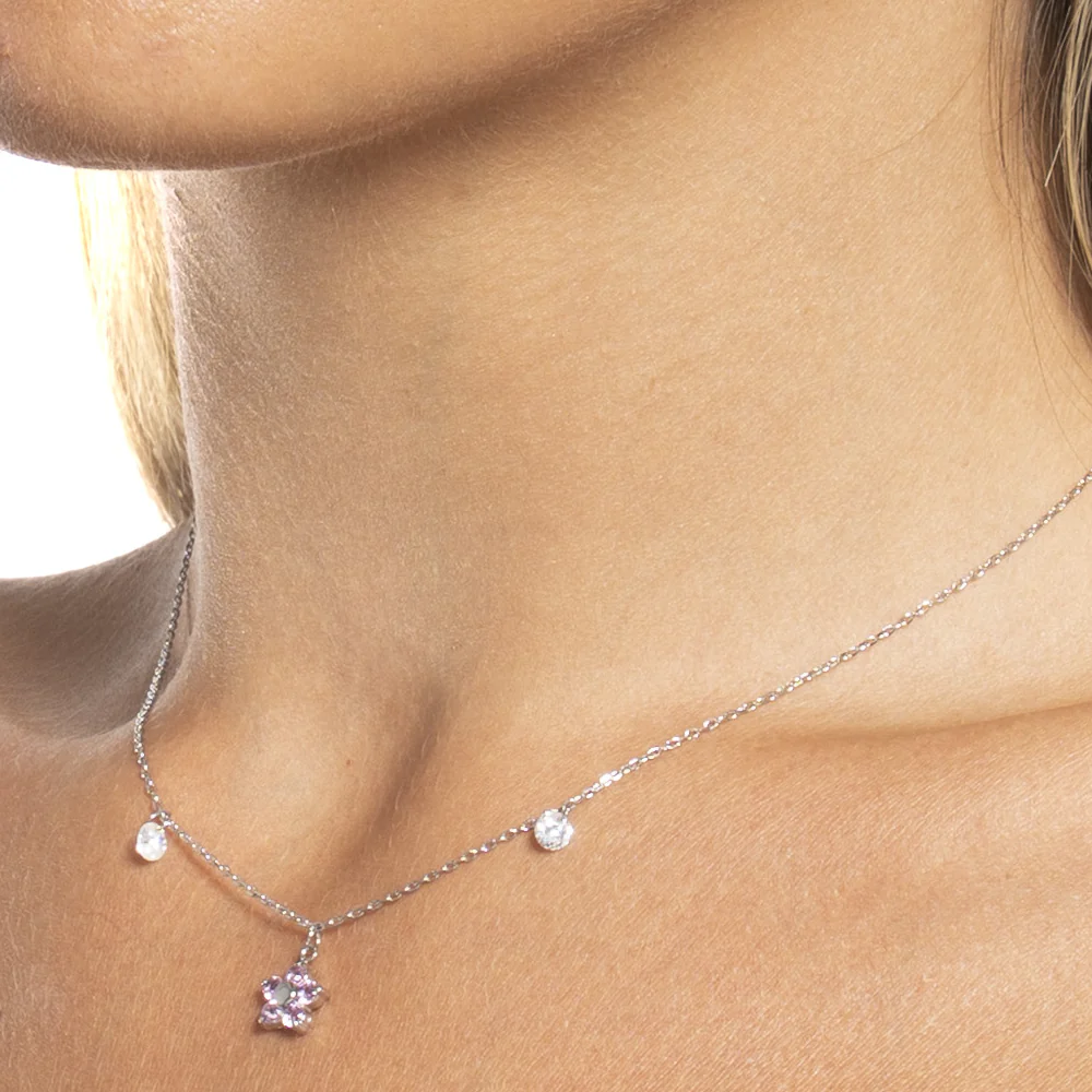 COLLANA DONNA IN ACCIAIO CON PENDENTE FIORE CON E PETALI ZIRCONE MAGENTA - Image 2