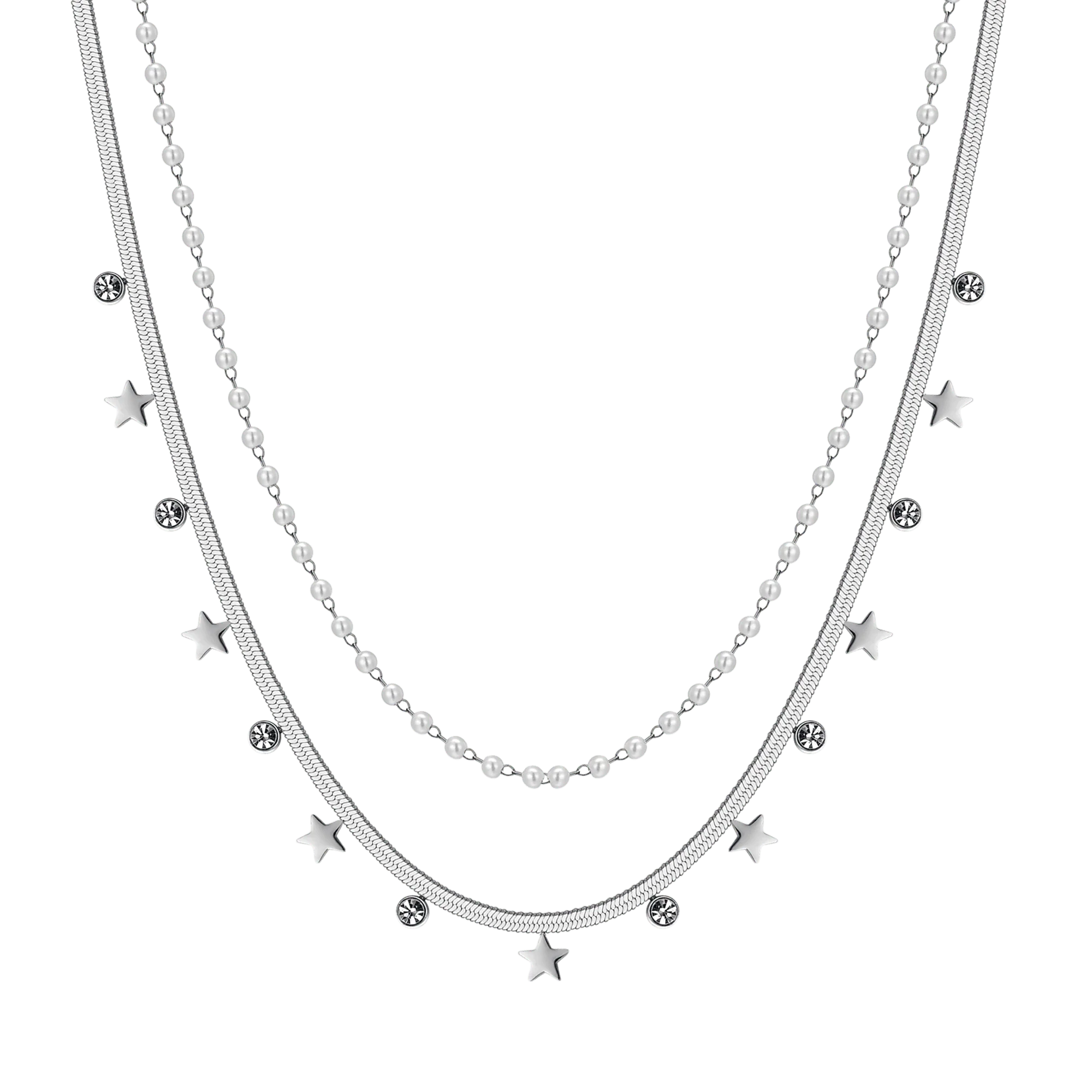 COLLANA DONNA IN ACCIAIO CON PERLE BIANCHE, STELLE E CRISTALLI