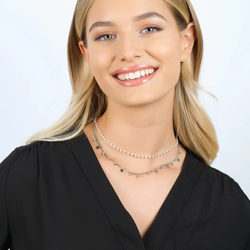 COLLANA DONNA IN ACCIAIO CON PERLE BIANCHE, STELLE E CRISTALLI - Image 3