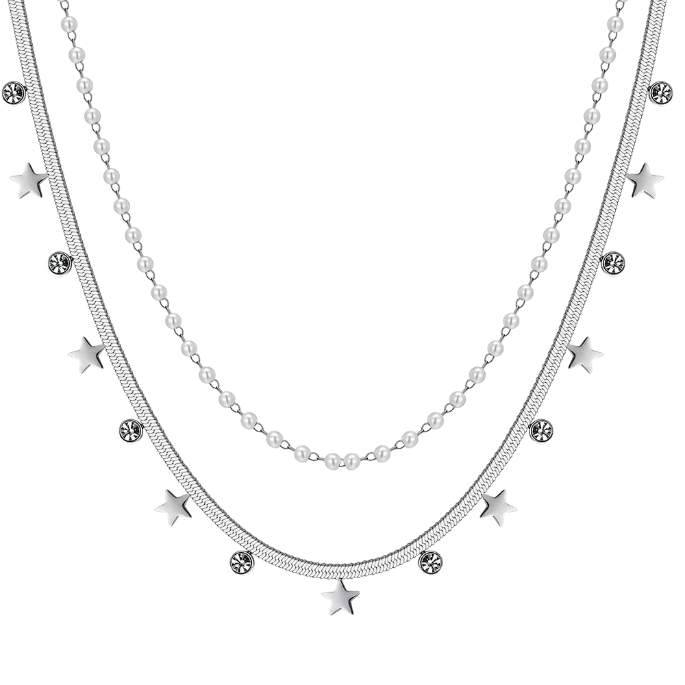 COLLANA DONNA IN ACCIAIO CON PERLE BIANCHE, STELLE E CRISTALLI - Image 4