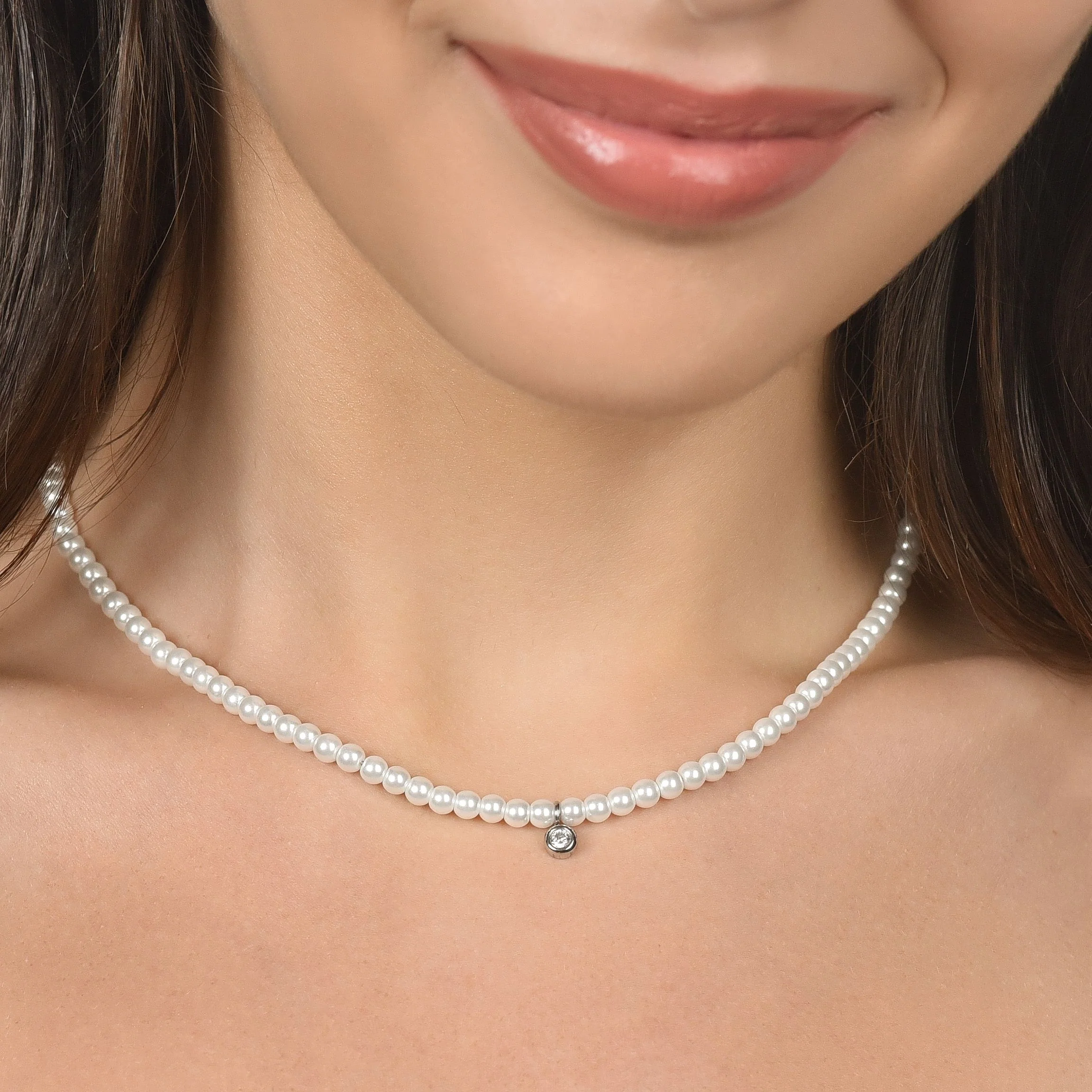 COLLANA DONNA IN ACCIAIO CON PERLE CON CRISTALLO BIANCO - Image 2