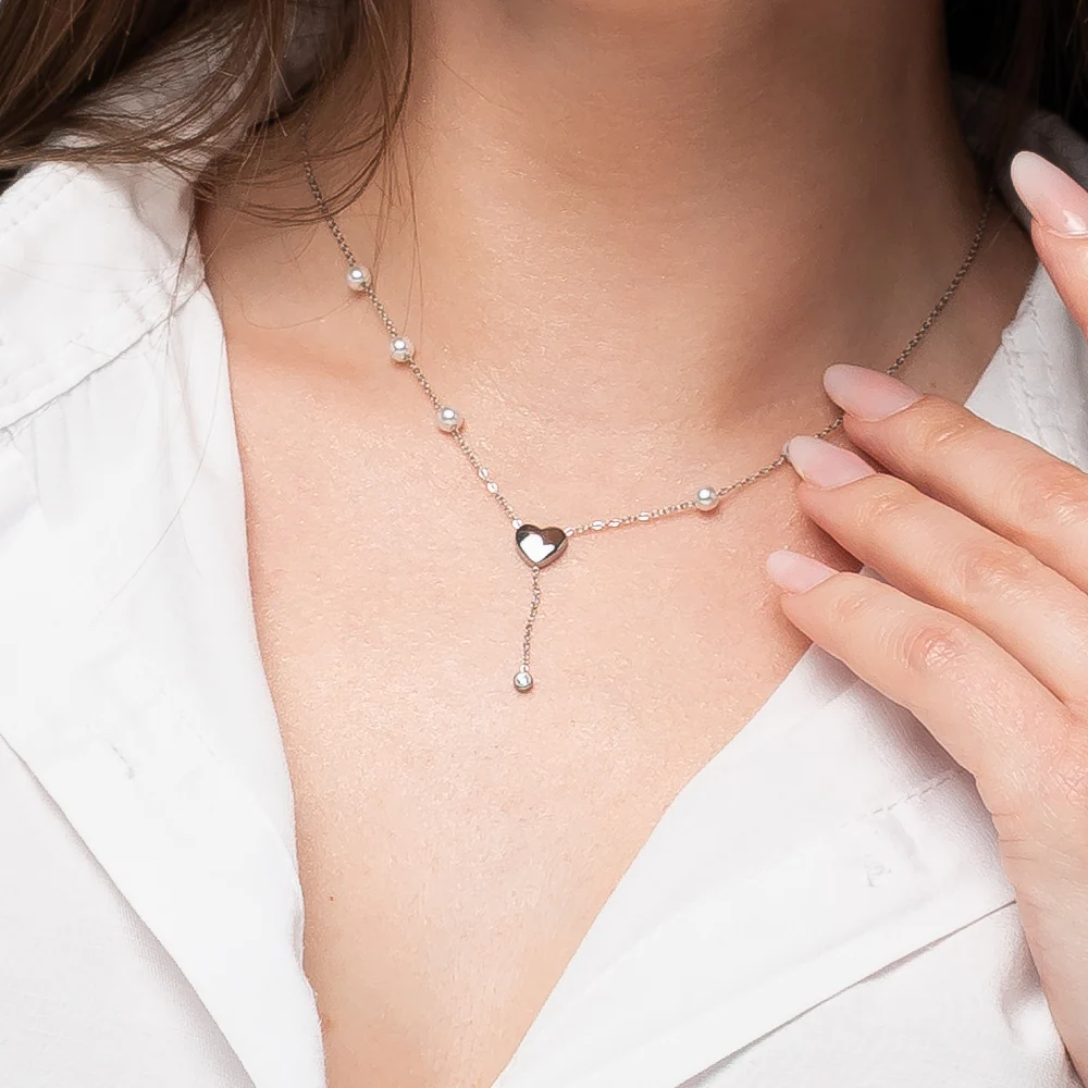 COLLANA DONNA IN ACCIAIO CON PERLE, CUORE E ZIRCONE BIANCO - Image 2