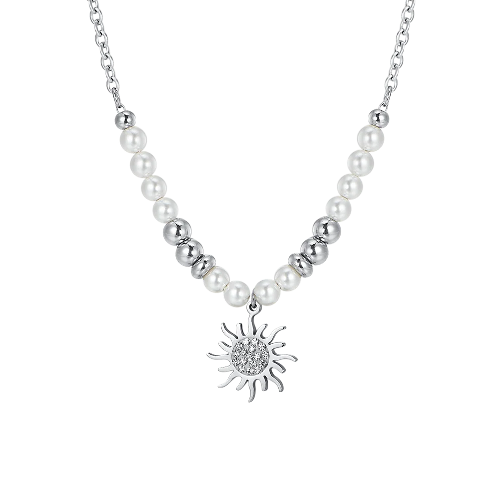 COLLANA DONNA IN ACCIAIO CON PERLE E SOLE