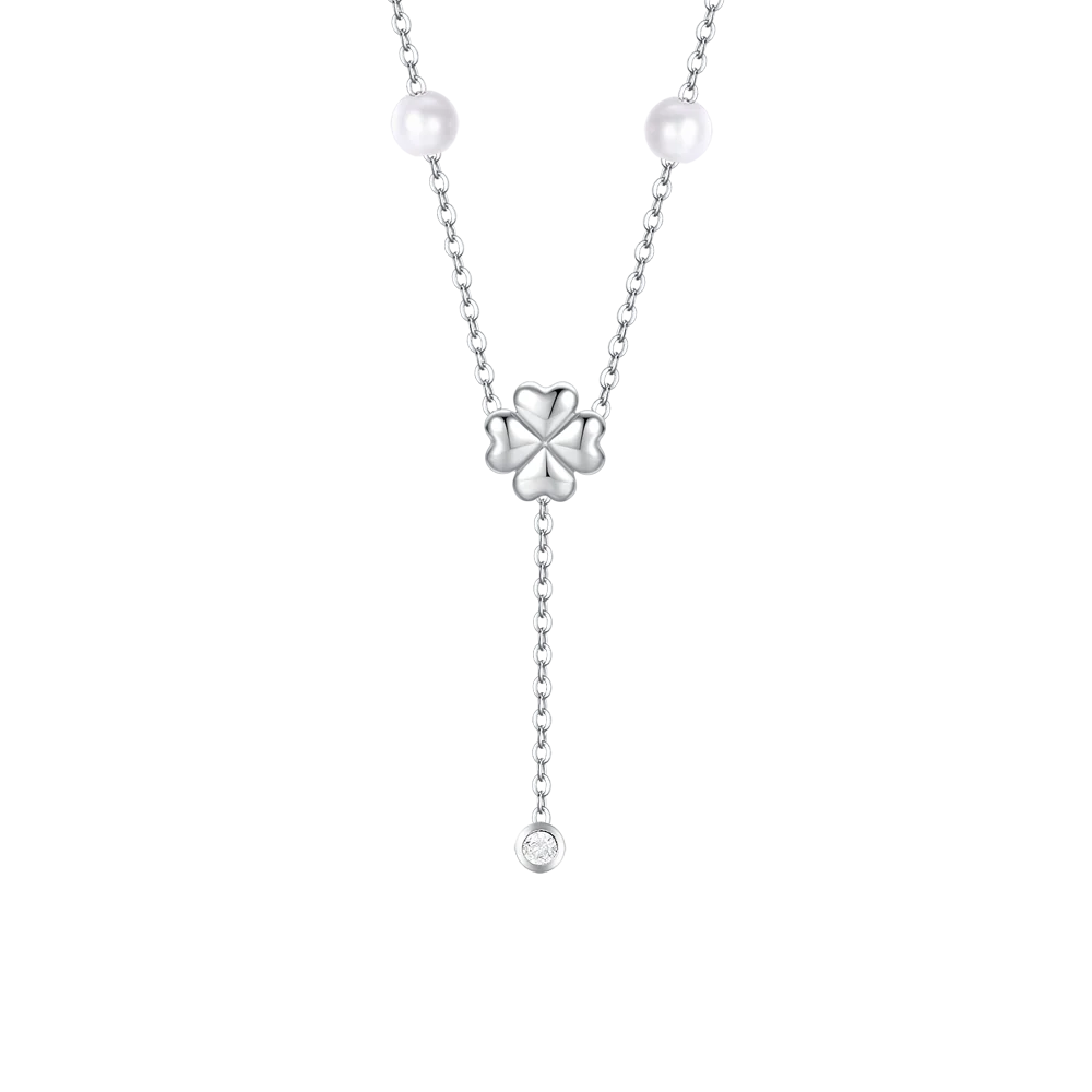 COLLANA DONNA IN ACCIAIO CON PERLE, QUADRIFOGLIO E ZIRCONE BIANCO