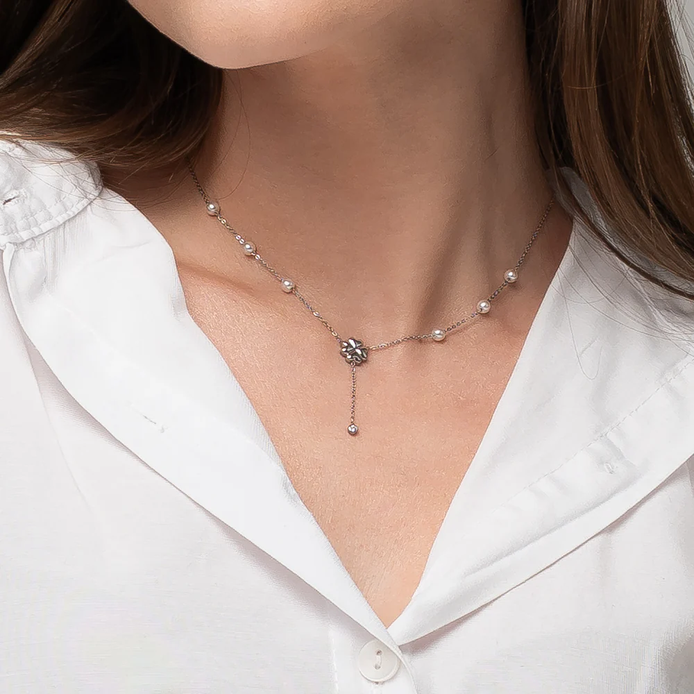 COLLANA DONNA IN ACCIAIO CON PERLE, QUADRIFOGLIO E ZIRCONE BIANCO - Image 2