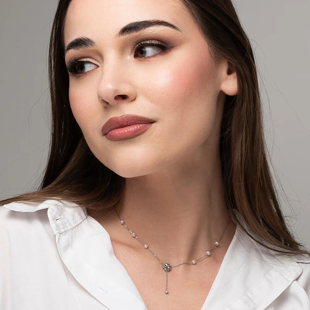 COLLANA DONNA IN ACCIAIO CON PERLE, QUADRIFOGLIO E ZIRCONE BIANCO - Image 3