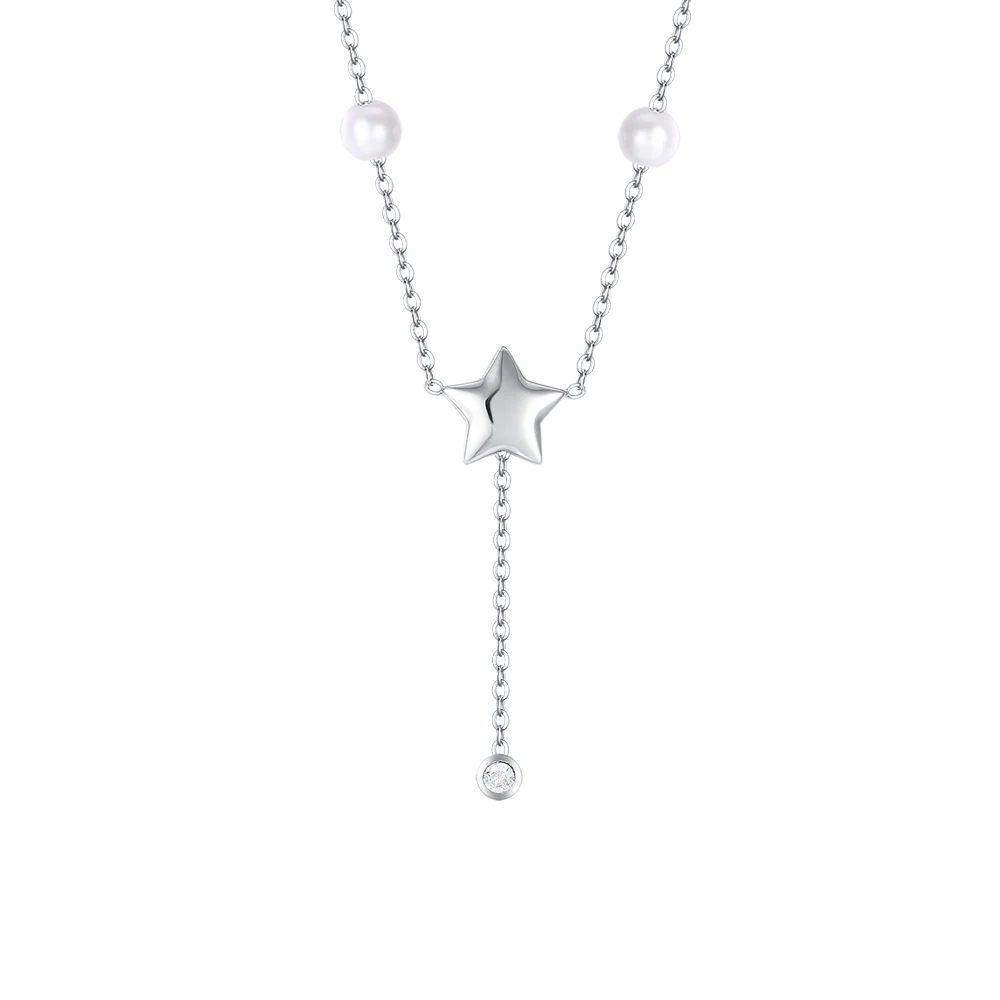 COLLANA DONNA IN ACCIAIO CON PERLE, STELLA E ZICONE BIANCO