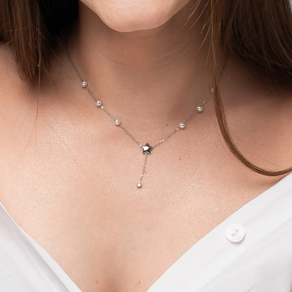 COLLANA DONNA IN ACCIAIO CON PERLE, STELLA E ZICONE BIANCO - Image 2