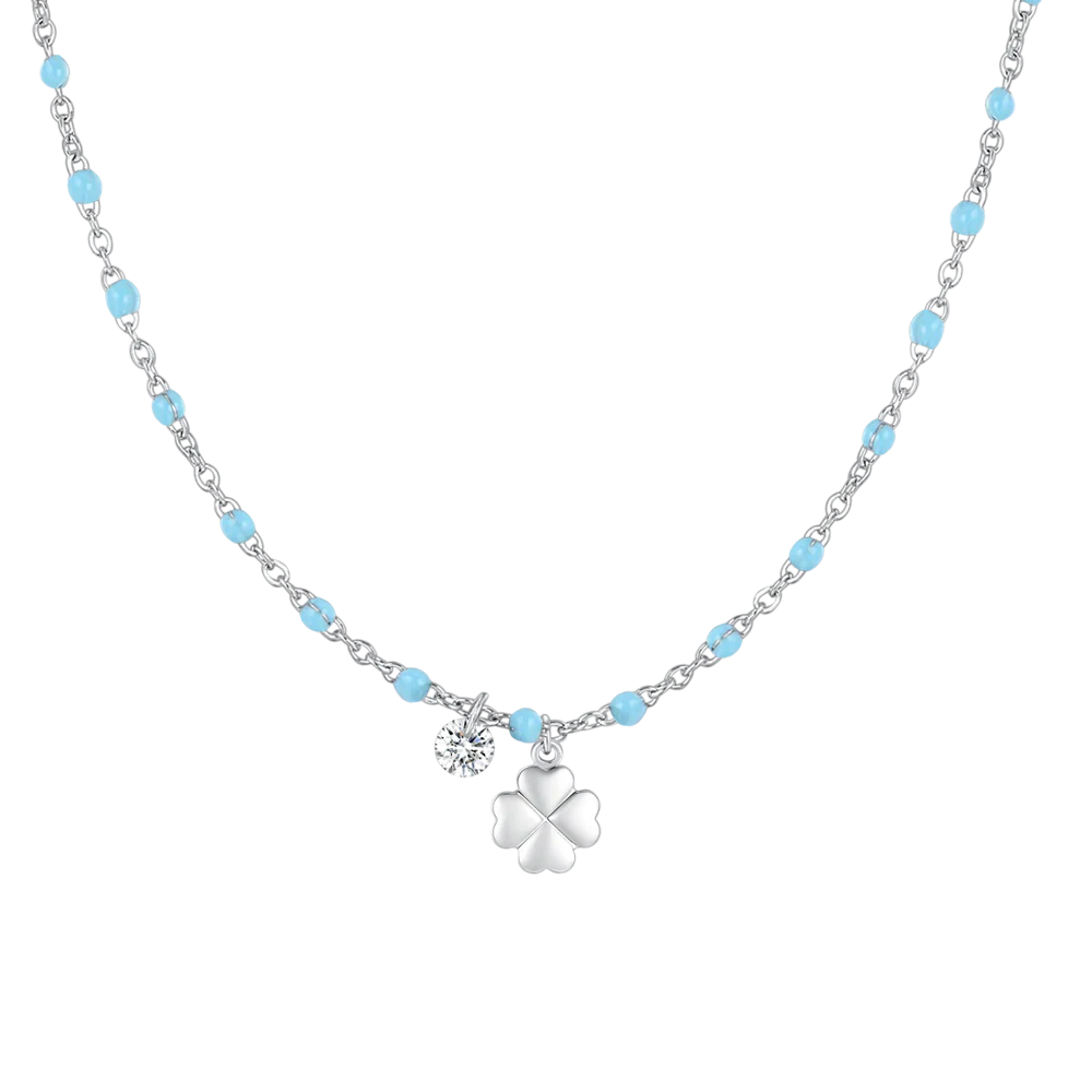 COLLANA DONNA IN ACCIAIO CON QUADRIFOGLIO,CRISTALLO E PIETRE CON SMALTO TURCHESE