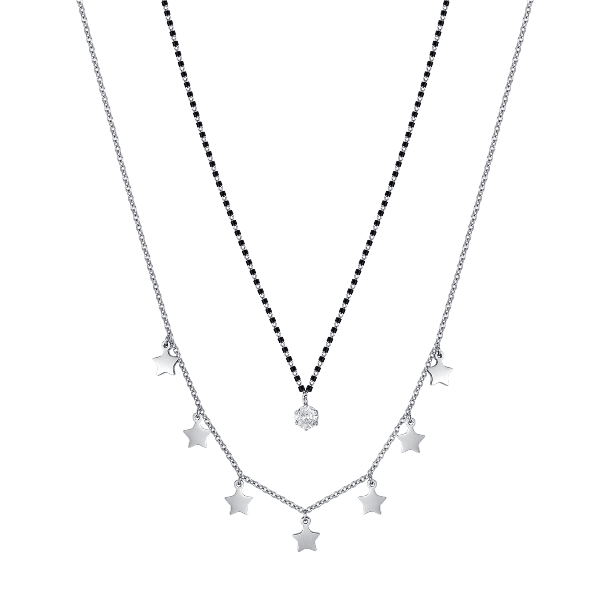 COLLANA DONNA IN ACCIAIO CON STELLE, ELEMENTI IP NERO E CRISTALLO BIANCO