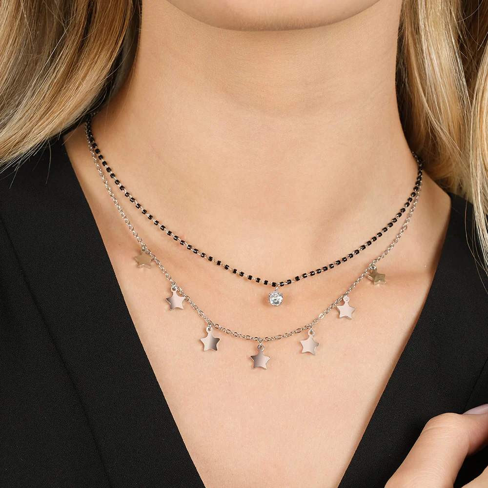 COLLANA DONNA IN ACCIAIO CON STELLE, ELEMENTI IP NERO E CRISTALLO BIANCO - Image 2