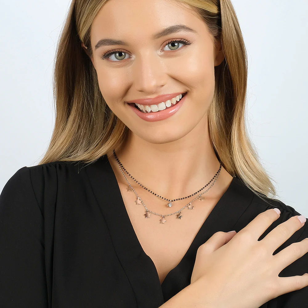 COLLANA DONNA IN ACCIAIO CON STELLE, ELEMENTI IP NERO E CRISTALLO BIANCO - Image 3