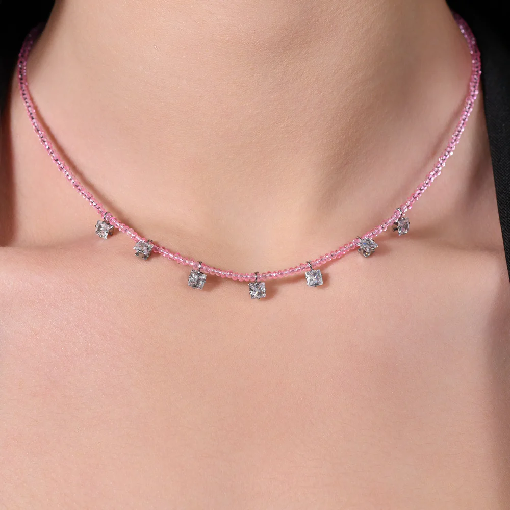 COLLANA DONNA IN ACCIAIO CRISTALLI ROSA E ZIRCONI BIANCHI - Image 2