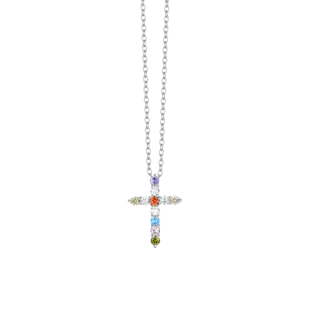 COLLANA DONNA IN ACCIAIO CROCE ZIRCONI MUTICOLOR