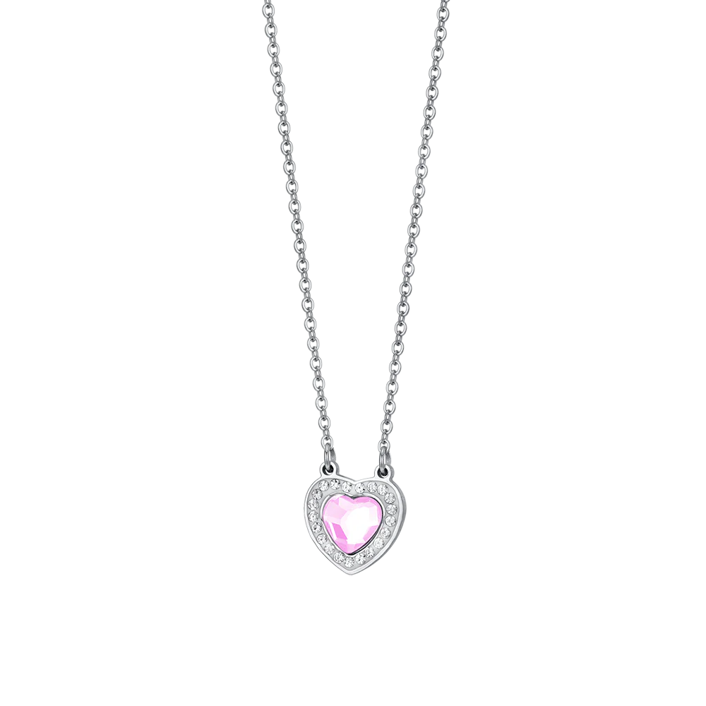 COLLANA DONNA IN ACCIAIO CUORE CRISTALLO ROSA E CRISTALLI BIANCHI