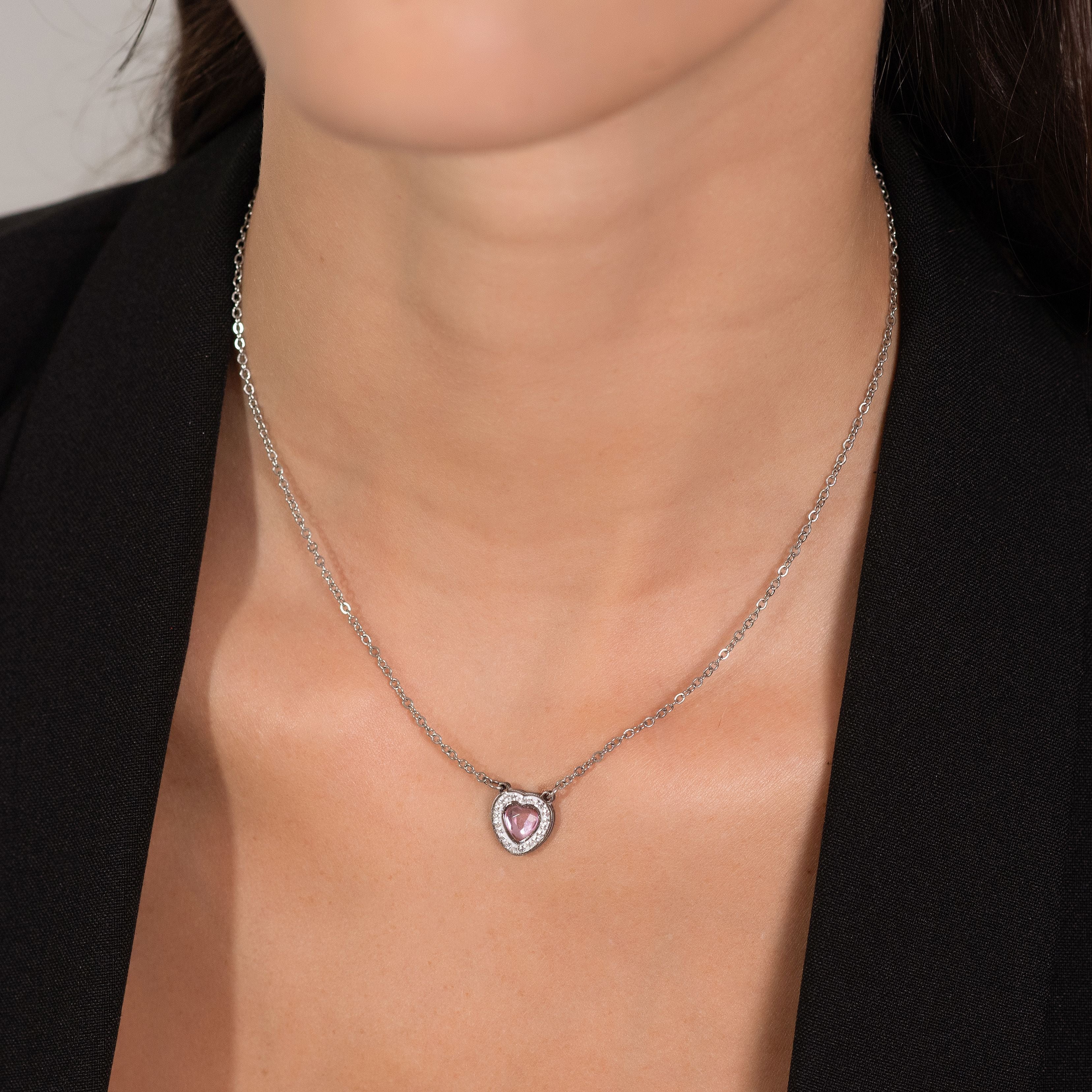 COLLANA DONNA IN ACCIAIO CUORE CRISTALLO ROSA E CRISTALLI BIANCHI - Image 2