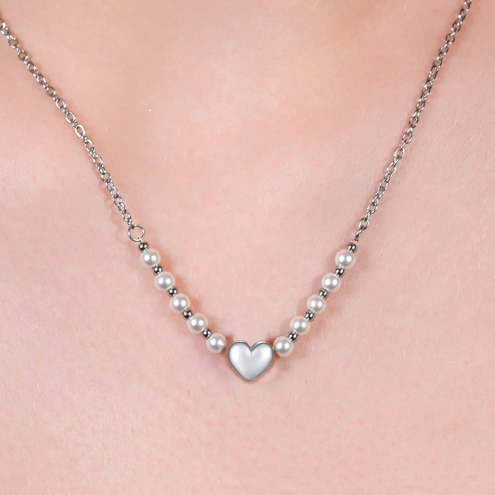 COLLANA DONNA IN ACCIAIO E PERLE BIANCHE CON CUORE - Image 2