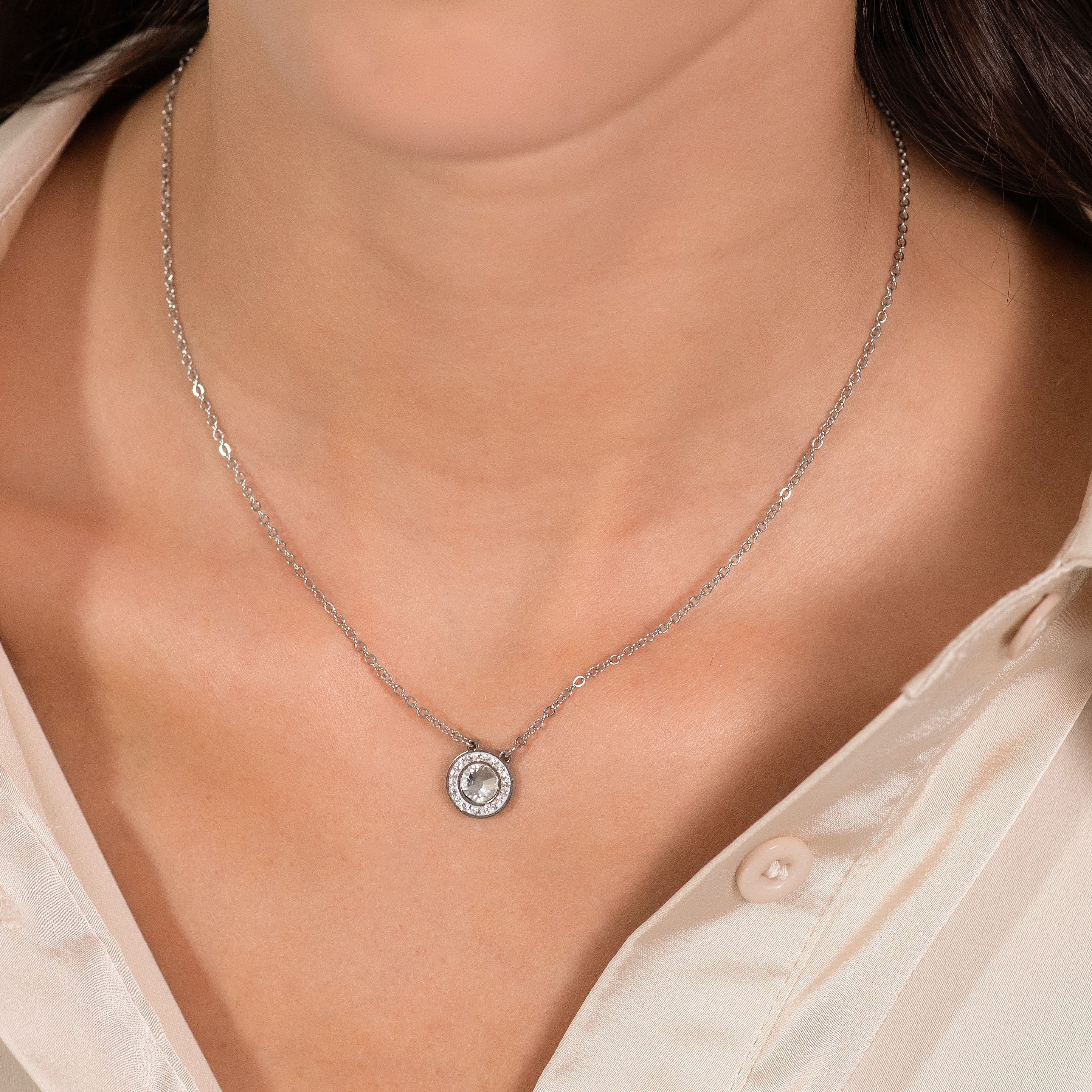 COLLANA DONNA IN ACCIAIO ELEMENTO CRISTALLO BIANCO E CRISTALLI BIANCHI - Image 2
