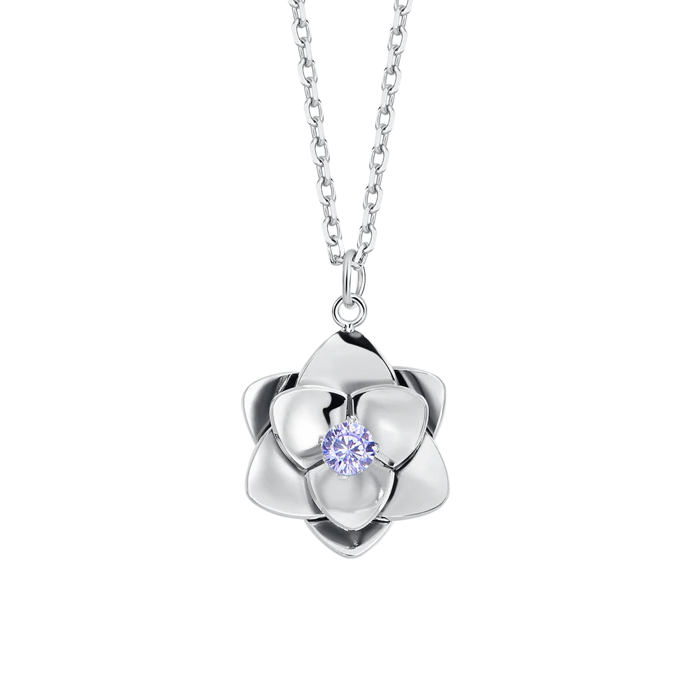 COLLANA DONNA IN ACCIAIO, FIORE ED ELEMENTI CON ZIRCONI VIOLA