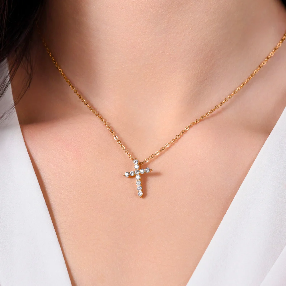 COLLANA DONNA IN ACCIAIO IP GOLD CROCE ZIRCONI BIANCHI - Image 2