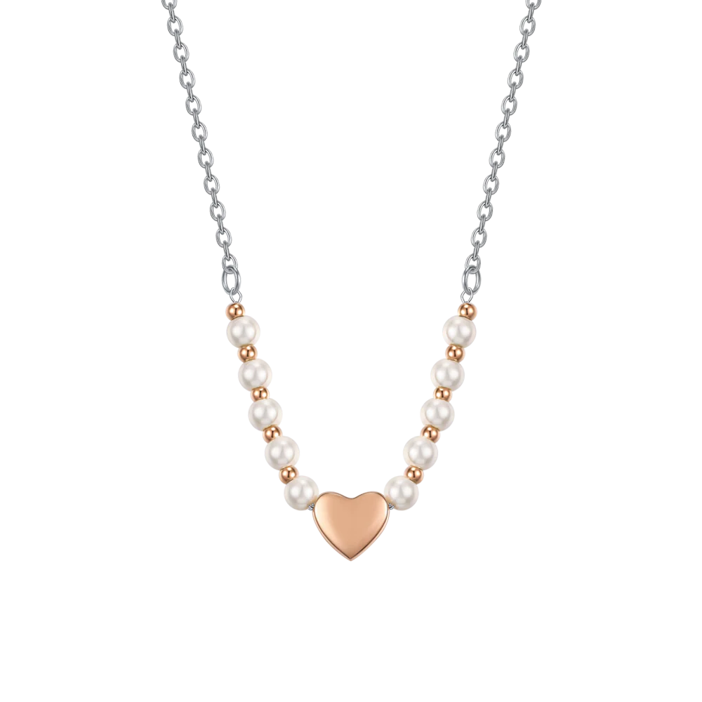 COLLANA DONNA IN ACCIAIO IP GOLD E PERLE BIANCHE CON CUORE IP ROSE