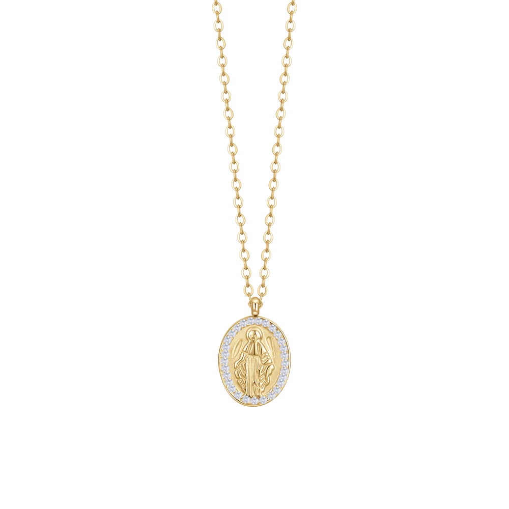 COLLANA DONNA IN ACCIAIO IP GOLD, MADONNINA MIRACOLOSA E ZIRCONI BIANCHI